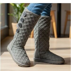 UGG Classic Cardy Lattice Knit Quilted Cuffable Tall Sweater Boots 9M Grey VGC!